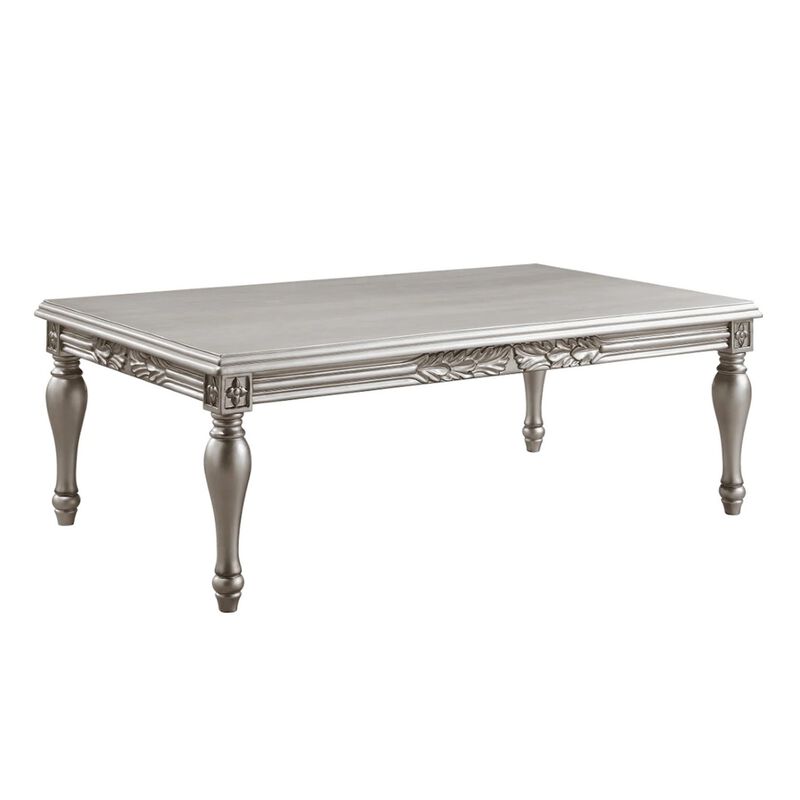 Sto 59 Inch Classic Coffee Table, Floral Trim, Turned Legs, Wood, Silver-Benzara image number 1