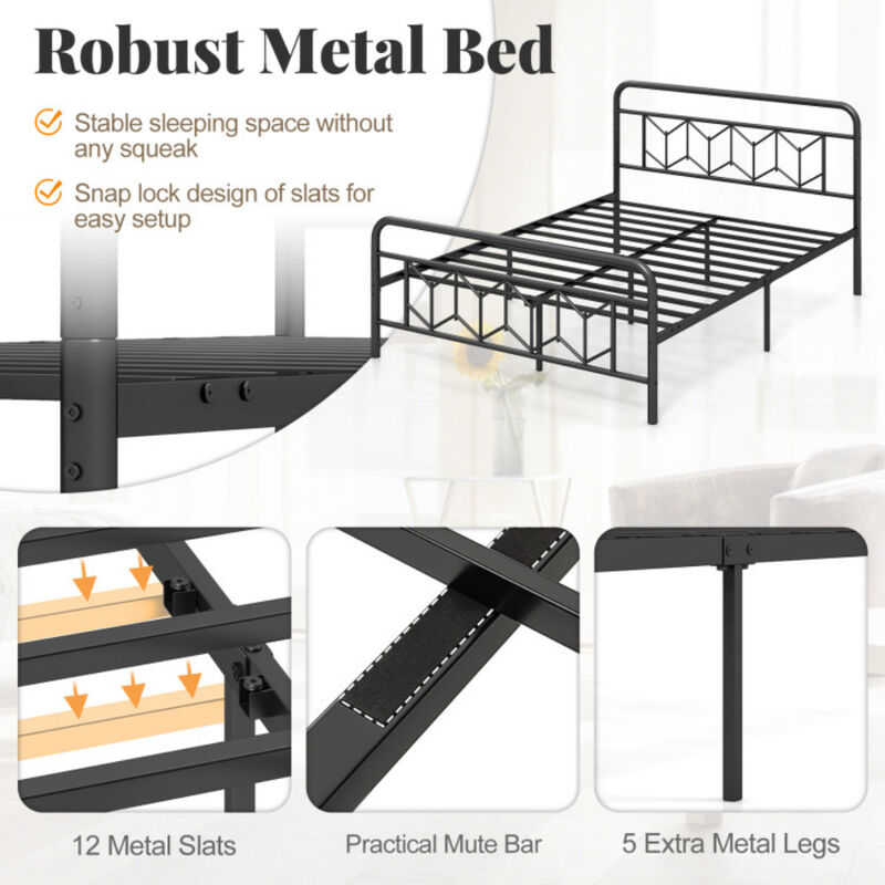 Platform Bed with High Headboard and Snap Lock Metal Slats Support image number 6