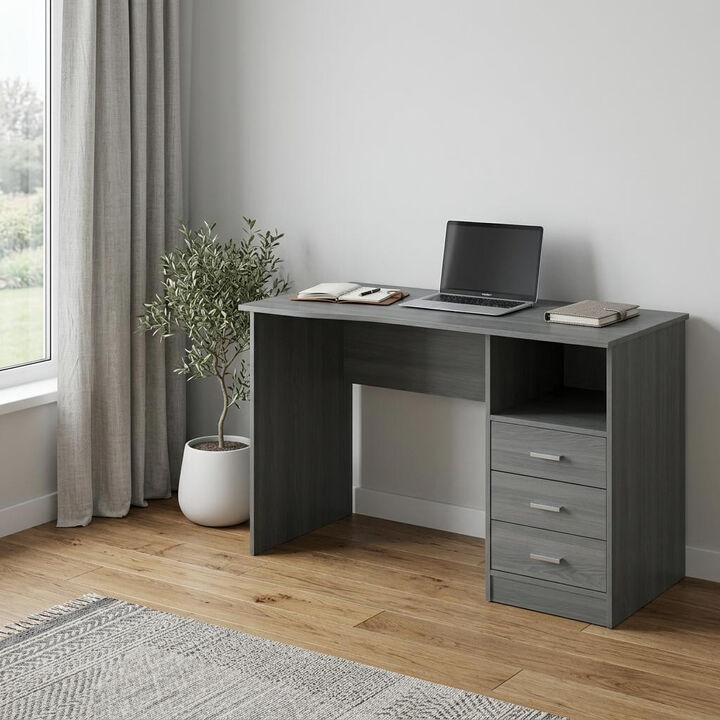 HomeRoots 51" Gray Wood Pedestal Computer Desk With Three Drawers