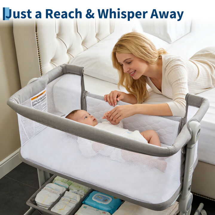 3-in-1 Portable Bedside Bassinet: 6 Heights, Anti-Reflux Incline, Mesh Sides, Mosquito Net, Storage, Wheels, Travel Crib