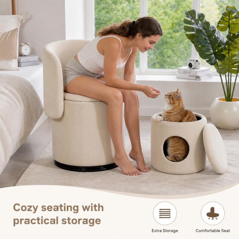 GOODSILO 360-Degree Swivel Upholstered Barrel Chair with Built-in Storage, Multi-Functional Stool for Bedroom Dining, Bonus Cat Bed image number 4