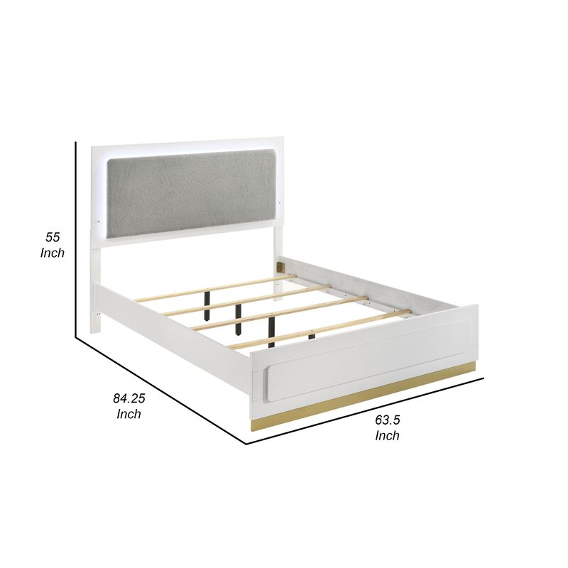 Caer Queen Size Bed, LED Panel Tall Headboard, Gray Upholstery, White Okume - Benzara