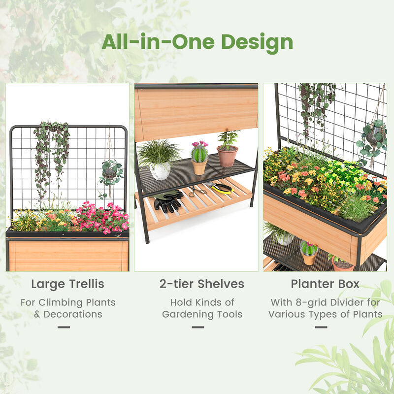 Raised Garden Bed with Trellis 2-tier Storage Shelves-Natural