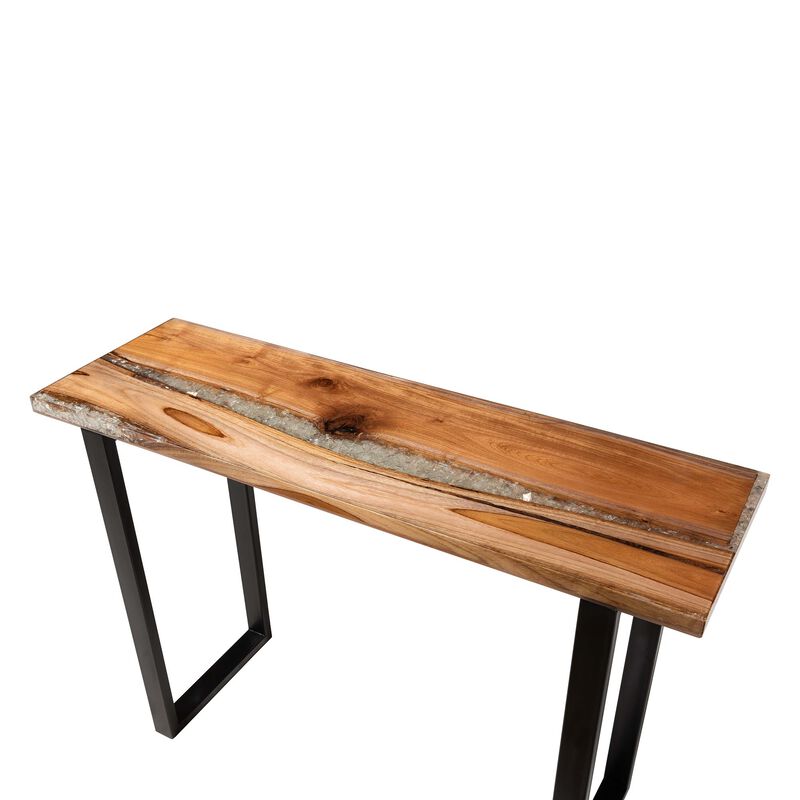 bali & pari Apio Wood Epoxy Resin Console Table with Glass Inlay - Rectangular Live Edge Teak Wood Accent Table with Black Metal Base, Modern Rustic Furniture for Living Room or Entryway image number 4