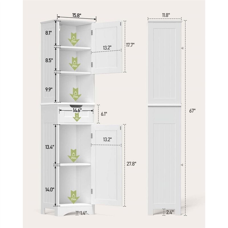 Slim Bathroom Linen Tower with Double Doors, Storage Drawer & Shelf