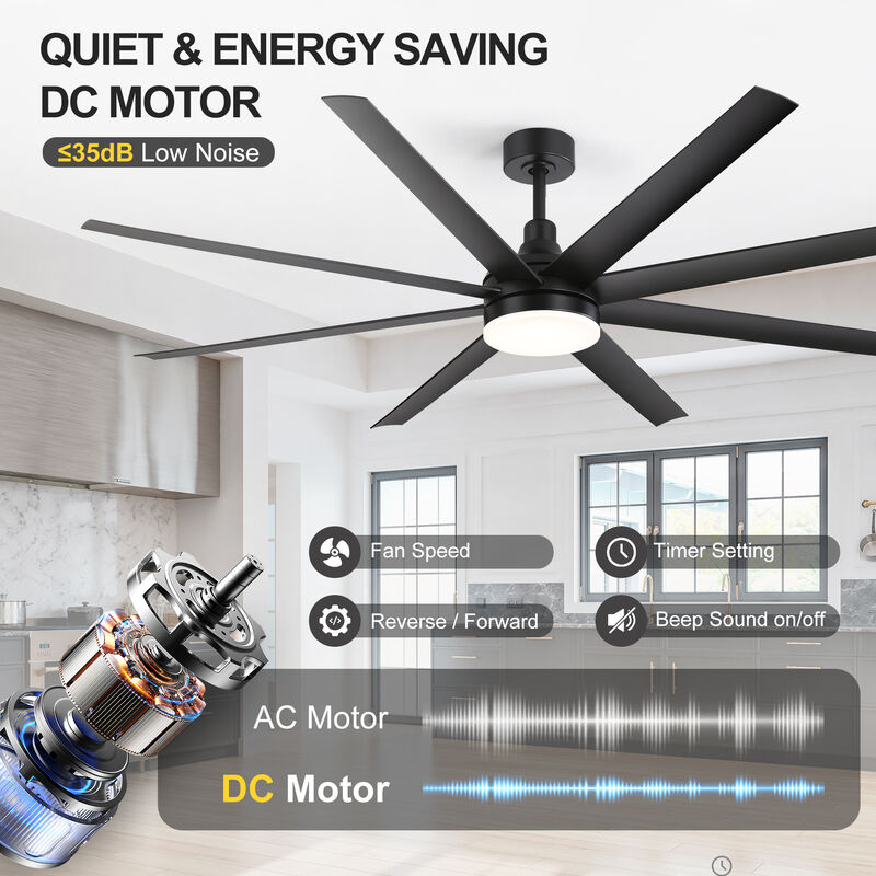 Breezary 72 Inch Black Morden LED Ceiling Fan with Light Remote(8-Blade) image number 3