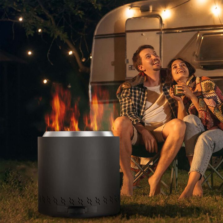 Portable Smokeless Wood Burning Fire Pit with Removable Ash Pan for Camping Patio-Black