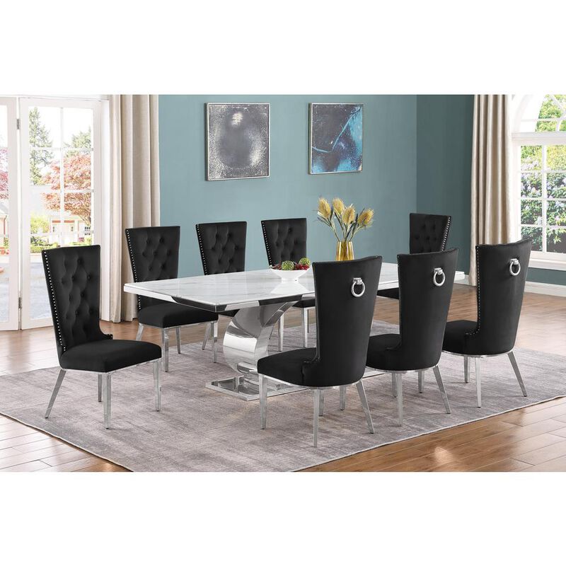 Best Quality Furniture 9pc Large(87) marble top dining set with silver base and  8 Black side chairs image number 2