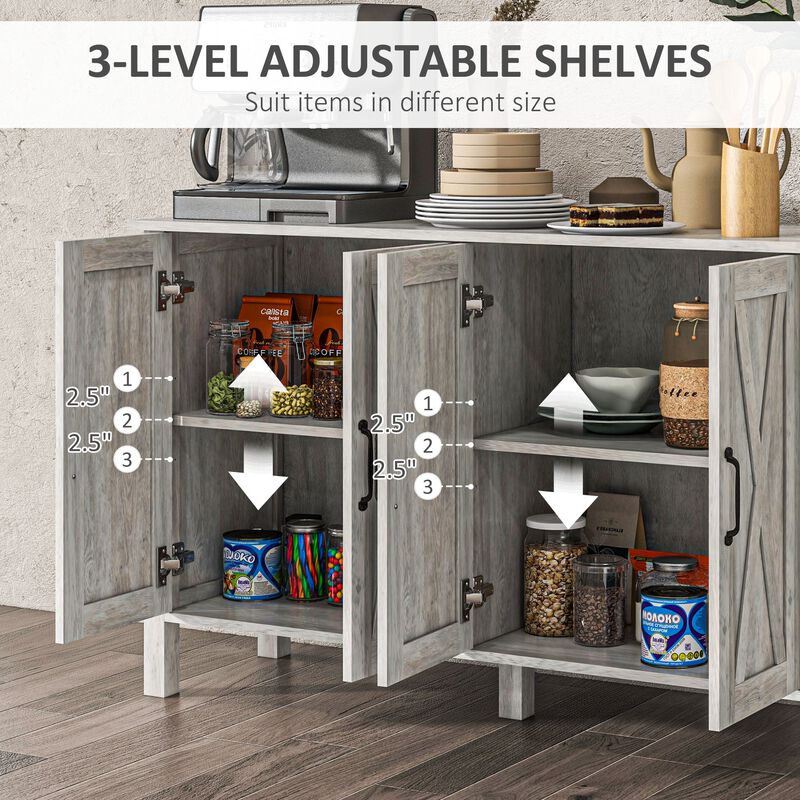 Gray Kitchen Sideboard: 4 Sliding Barn Doors, Adjustable Shelves