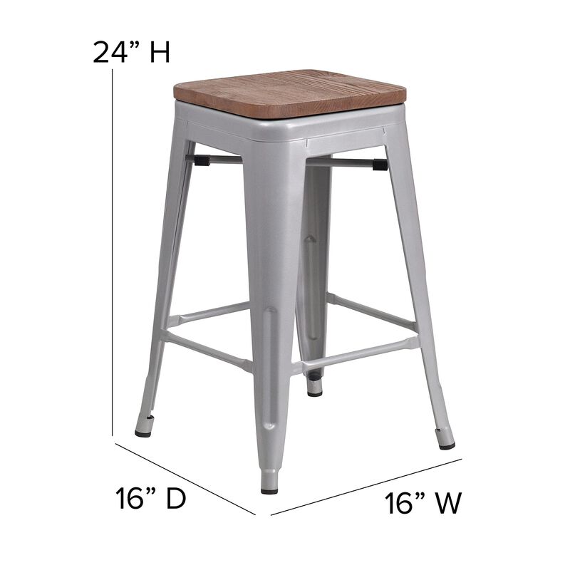 Flash Furniture Kai Commercial Grade 24" High Backless Silver Metal Indoor-Outdoor Counter Height Stool with Square Seat