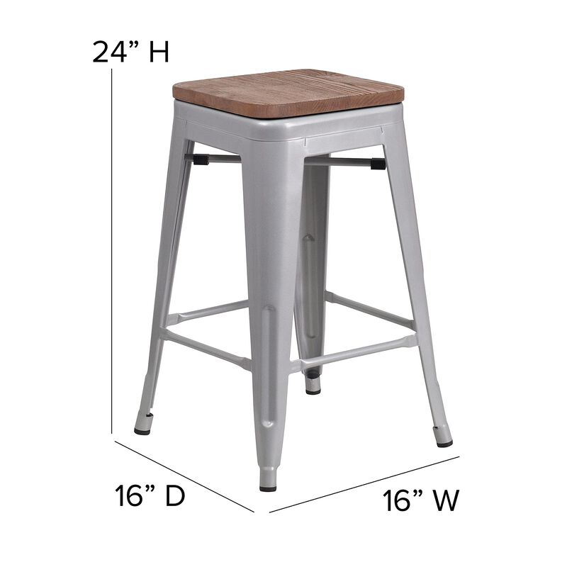 Flash Furniture Kai Commercial Grade 24" High Backless Silver Metal Indoor-Outdoor Counter Height Stool with Square Seat image number 2