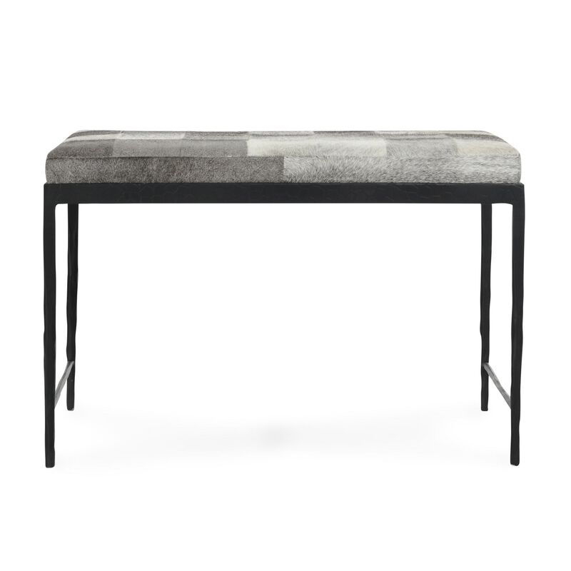 Leif Ottoman Bench with Gray Patchwork Leather Hide, Iron 28 Inch image number 2