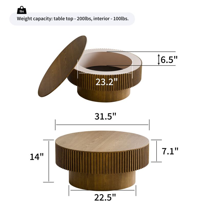 Round coffee table with storage Solid wood veneer and MDF coffee table with fluted base Modern accent coffee table for small spaces image number 2