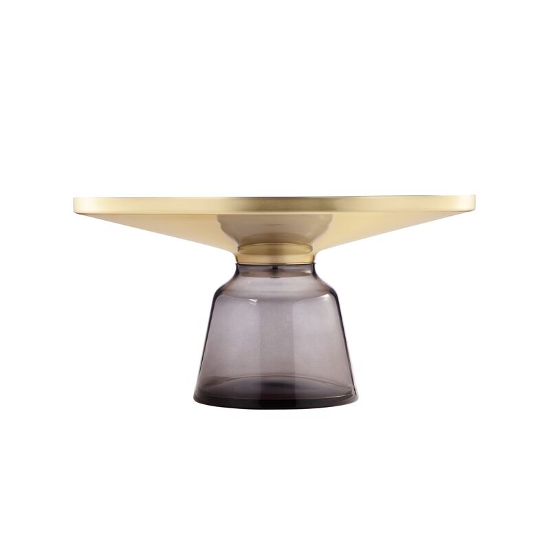 Len 30 Inch Coffee Table, Gray Blown Glass Bell Base, Funnel Top Gold Steel