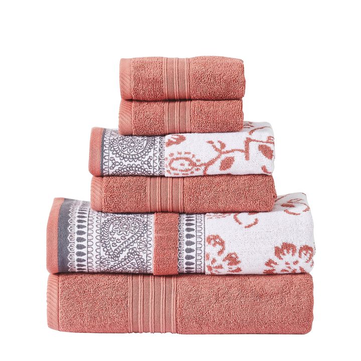 Veria 6 Piece Towel Set with Paisley and Floral Pattern The Urban Port, Peach-Benzara