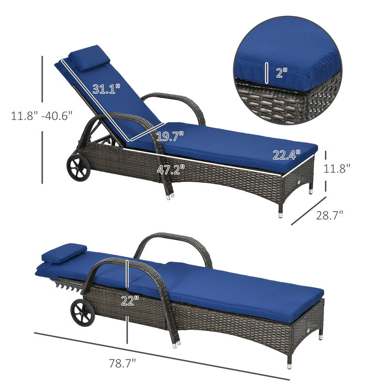 Outdoor PE Rattan Reclining Sun Lounger Set of 2 w/ Cushion, Wheels, Cream White