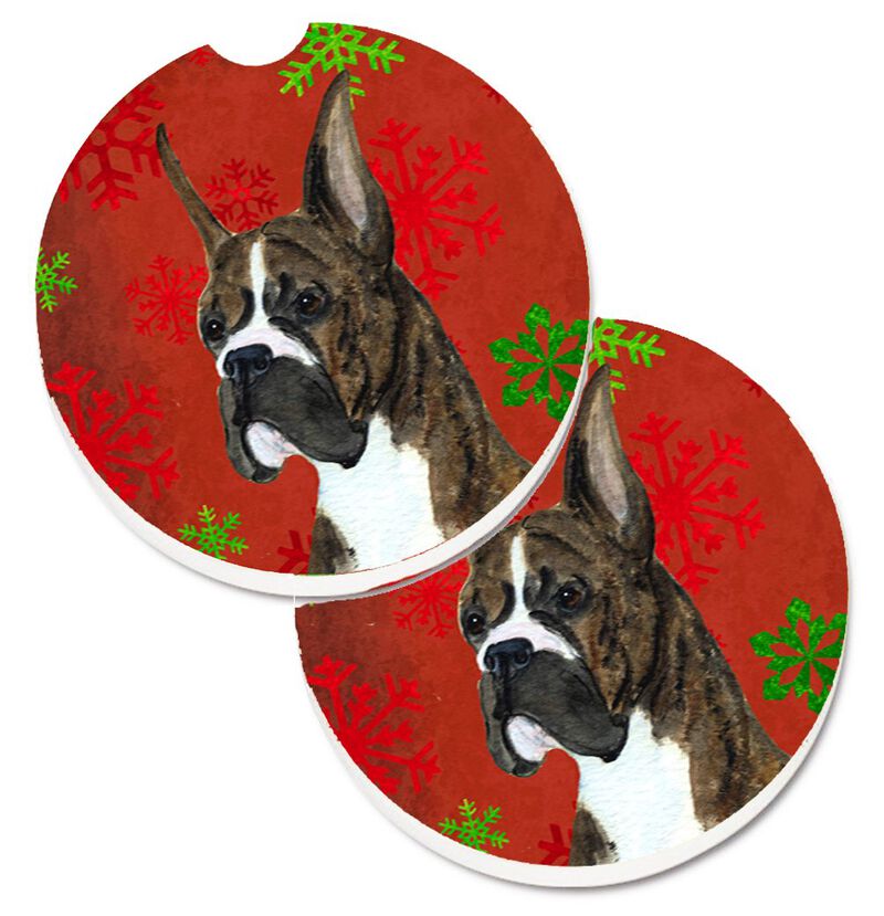Caroline's Treasures Boxer Red & green Snowflakes Holiday Christmas Set of 2 Cup Holder Car Coasters SS4715CARC, 2.56, Multicolor image number 0