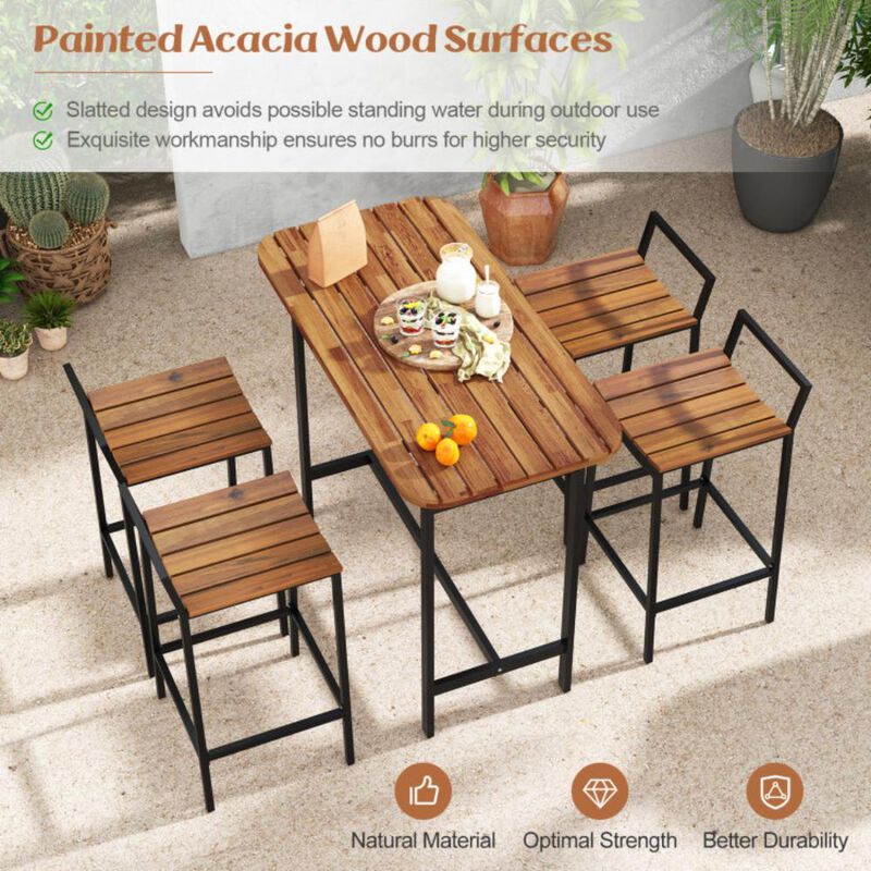 Hivvago 5 Piece Acacia Wood Bar Table Set Bar Height Table and Chairs with Metal Frame and Footrest