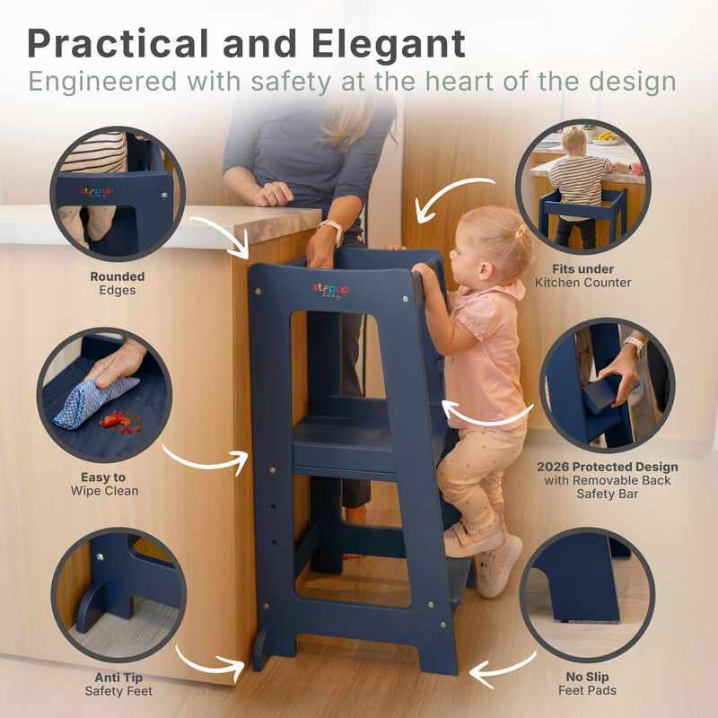 Stepup Baby&reg; Adjustable Toddler Tower - Blue Wooden Step Stool for Kids | Toddler Standing Tower with Child-safe Chopper & Chopping Board for 18M-4Y image number 4