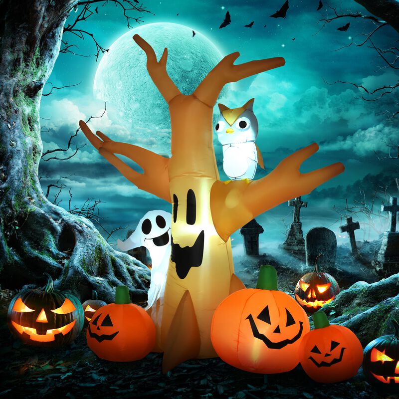 7.5ft Lighted Halloween Inflatable Haunted Tree with Owl Ghost and Pumpkins Waterproof Yard Decoration image number 8