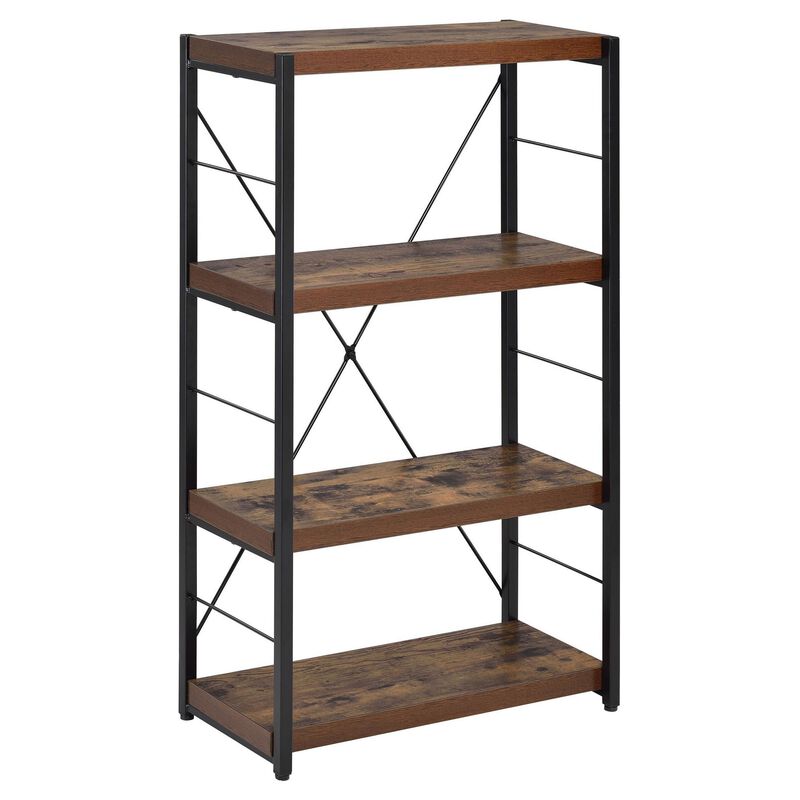 4 Tiered Metal Framed Wooden Bookshelf, Weathered Oak Brown and Black
