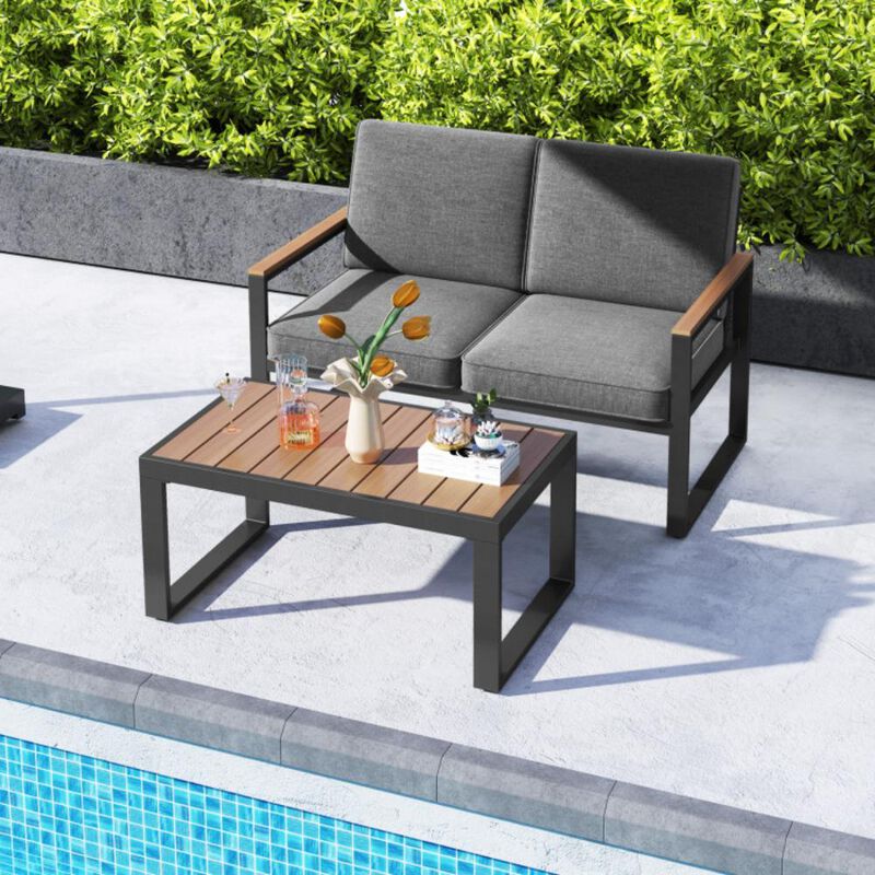 Hivvago 2 Piece Patio Aluminum Furniture Set with Wood-Plastic Armrests and Tabletop