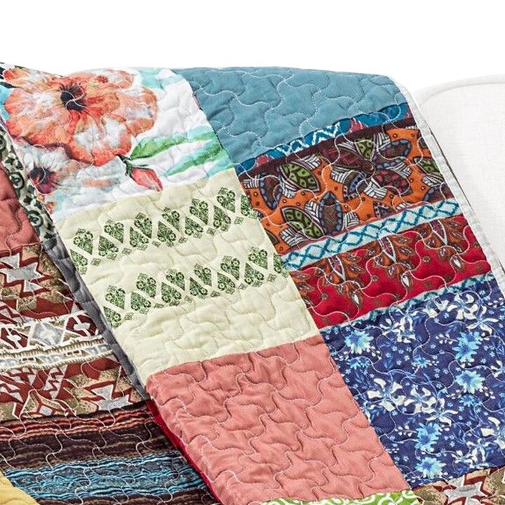 Lily 50 x 60 Inch Quilted Patchwork Throw Blanket, Multicolor Cotton Strips - Benzara