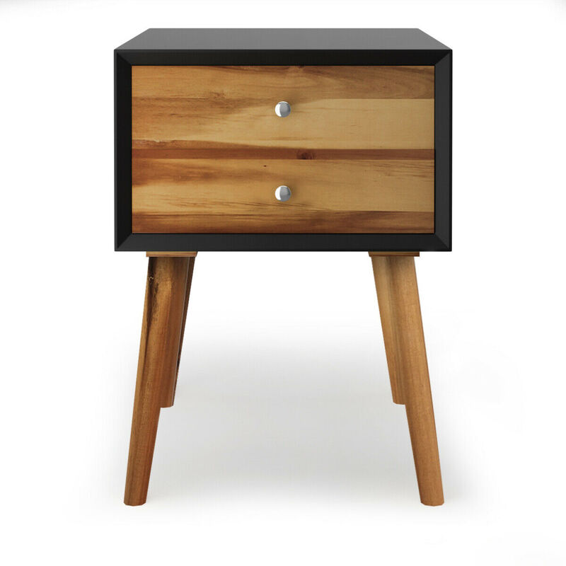 Wooden Nightstand Mid-Century End Side Table with 2 Storage Drawers