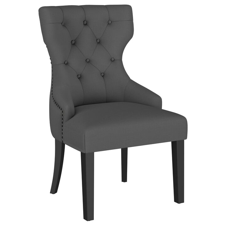 Aney Dining Side Chair, Curved Barrel Design, Gray Fabric, Black Wood - Benzara