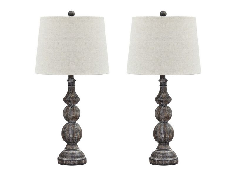 Polyresin Table Lamp with Turned Base, Set of 2, Brown and Off White - Benzara