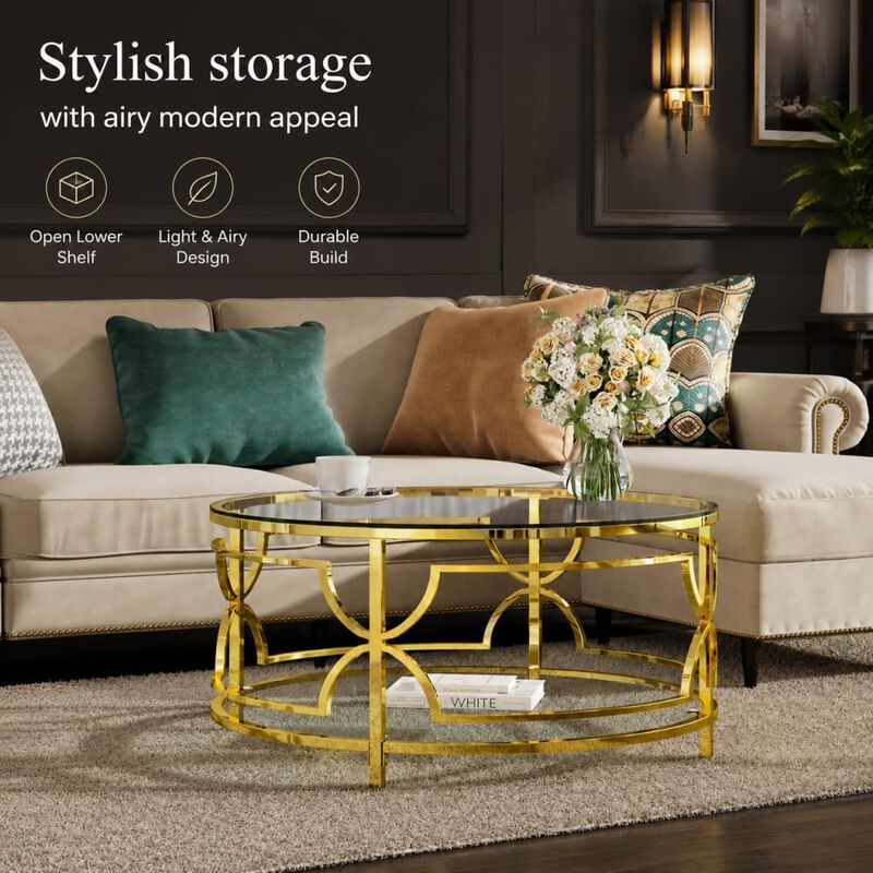 GOODSILO Round Tempered Glass Coffee Table with Geometric Metal Frame, Lower Shelf for Living Rooms and Small Modern Spaces image number 4