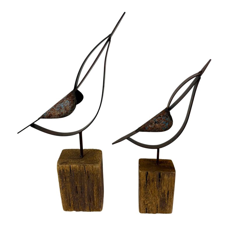 Abstract Bird Statues Set Of 2 Rustic Wood Metal Tabletop Sculptures 1325in image number 0