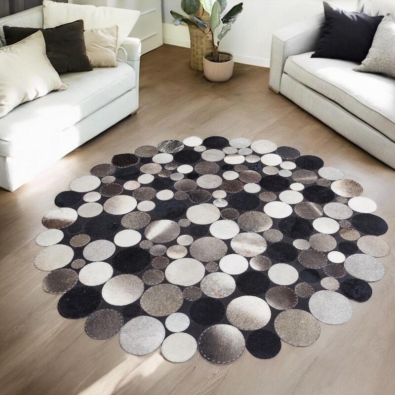 Black & Gray Cowhide Patchwork Round Rug image number 5