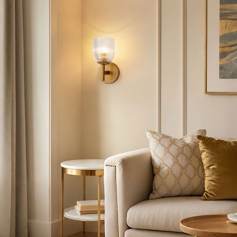 Alda 1 Light Mini Clear Ribbed Glass Shade Wall Sconce - Medium‑gloss Brushed Brass Finish image number 2