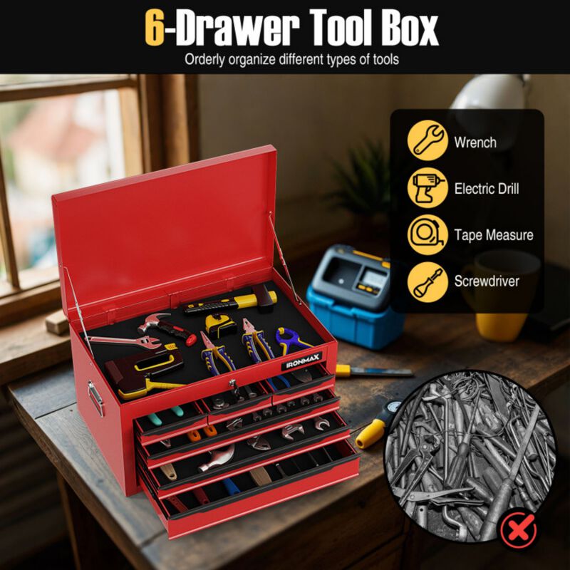 24" 6-Drawer Portable Tool Chest with Lock and Top Storage for Garage Repair Shop image number 6
