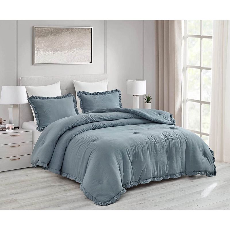 3-Piece Stone-Washed Comforter Set – Soft Microfiber Bedding with Ruffle Detailing