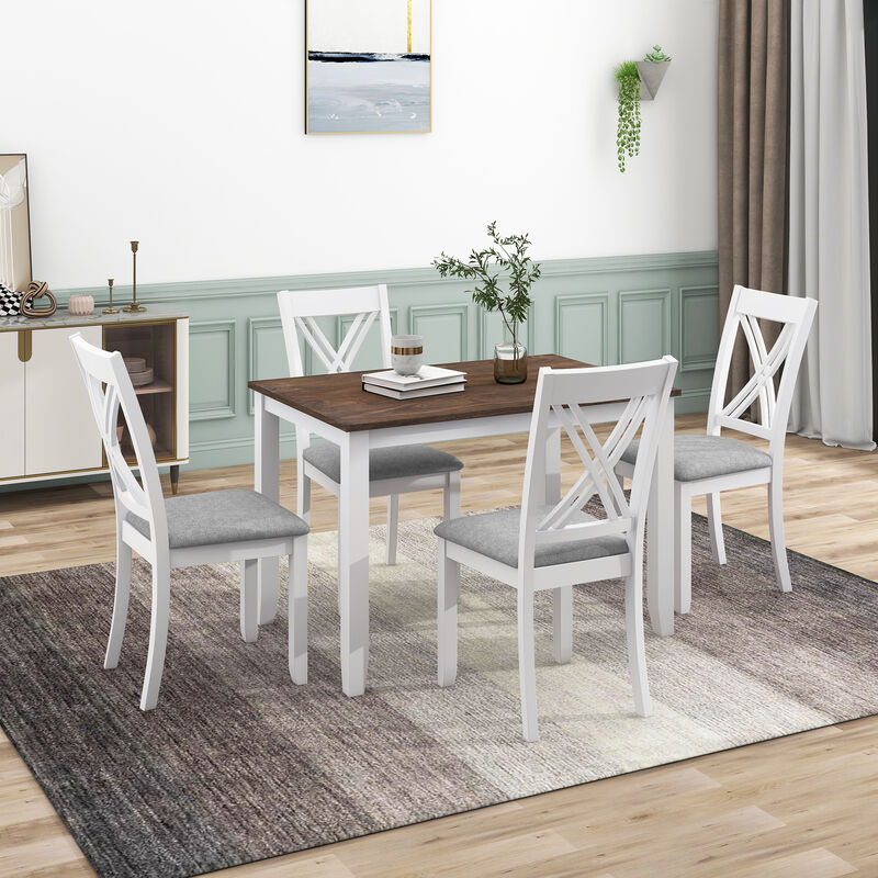 Whisen Rustic Minimalist Wood 5-Piece Dining Table Set with 4 X-Back Chairs - Gray