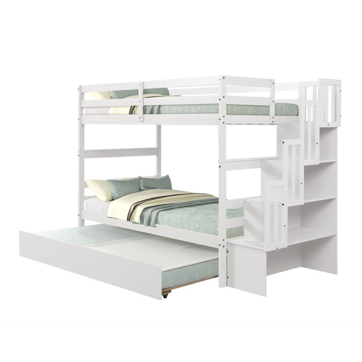 Bunk Beds Twin over Twin Stairway Storage function White color