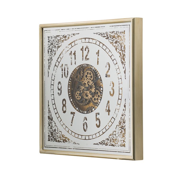 32 Inch Wall Clock, Decorative Gear Design, Square, Iron, White and Brown - Benzara