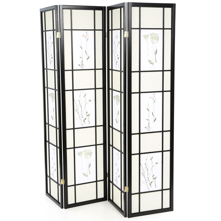 4-Panel Shoji Room Divider Screen Asian Floral Print Folding Privacy Partition