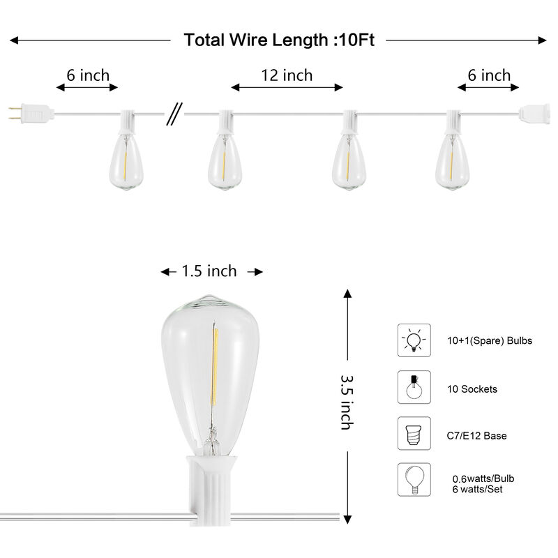 10-Light Indoor/Outdoor 10 ft. Rustic Industrial Incandescent C7 Bulb String Lights