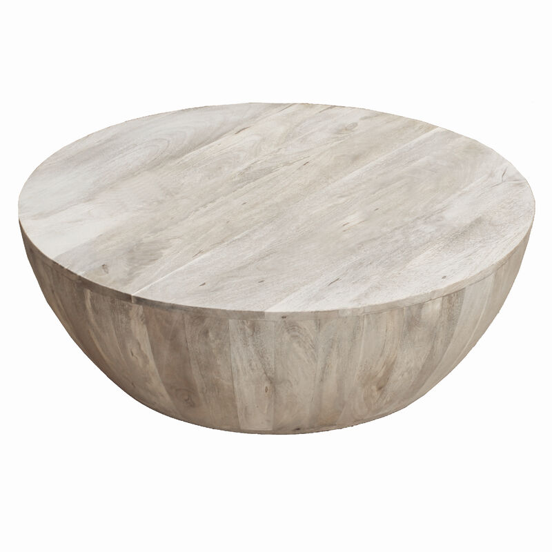12 Inch Round Mango Wood Coffee Table, Subtle Grains, Distressed White-Benzara