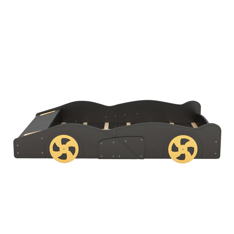 Whisen Full Size Race Car-Shaped Platform Bed with Wheels and Storage - Black & Yellow