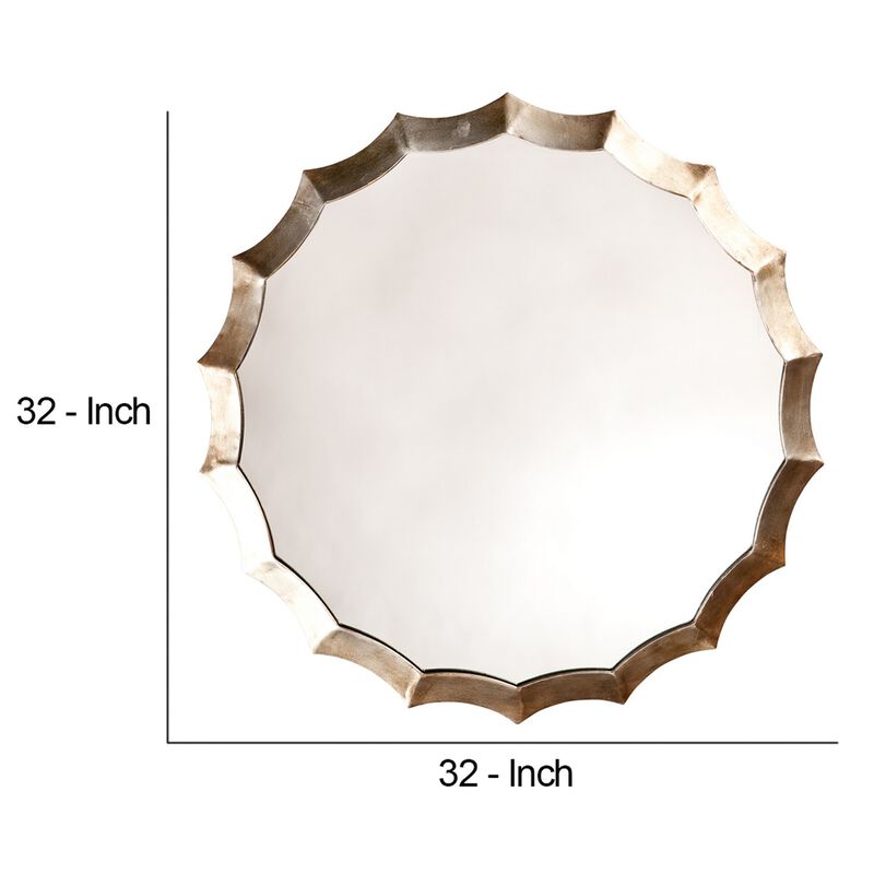 Round Mirror with Scalloped Metal Frame, Gold - Benzara