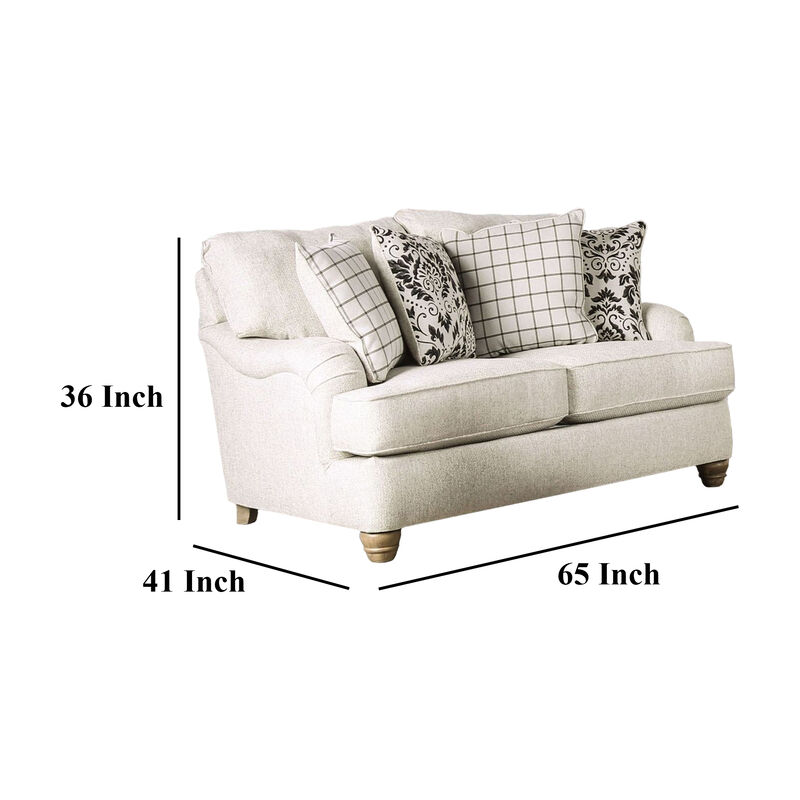 Selly Loveseat, Ivory Fabric, 4 Accent Pillows, Pleated Arms, 65 Inch - Benzara - Benzara image number 4