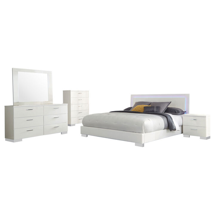 Sok 5pc King Bedroom Set, Faux Leather Upholstery, High Gloss White