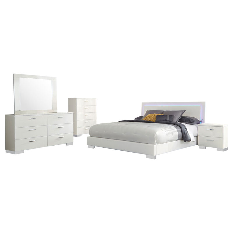 Sok 5pc King Bedroom Set, Faux Leather Upholstery, High Gloss White