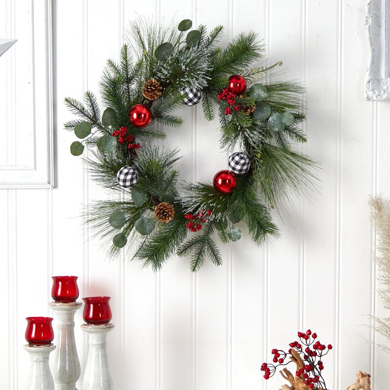 HomPlanti 24" Berry and Pinecone Artificial Christmas Wreath with Ornaments