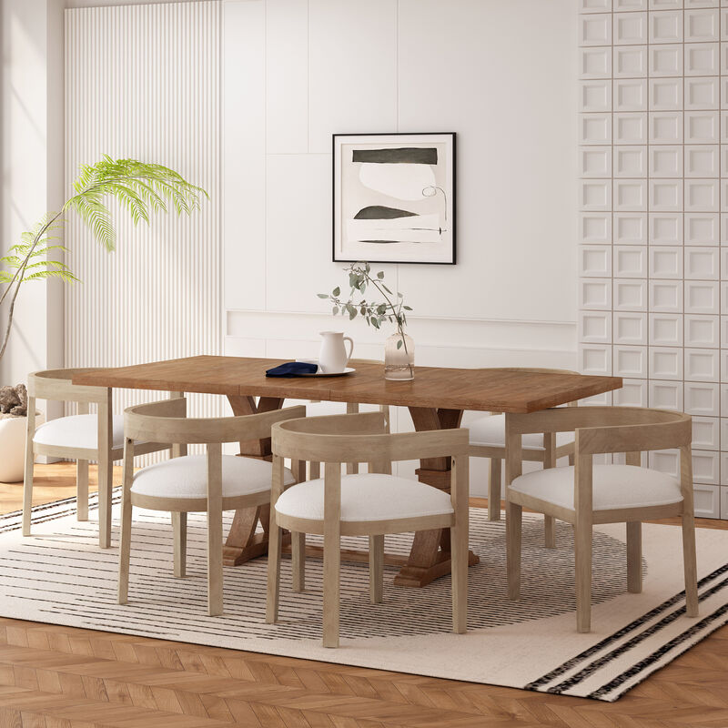 Christopher Knight Home Elyra 7 Piece Upholstered Wood Extended Dining Set with Pedestal Base