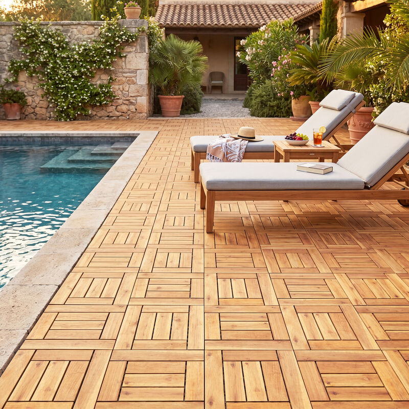 27 Piece Interlocking Wood Deck Tiles for Backyard Patio Porch and Poolside-Natural image number 4